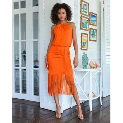 Boston Proper - Flame Orange - High Neck Fringe Knit Midi Dress - Medium