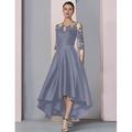 Abito A-Line per la madre della sposa Ospite di matrimonio Elegante Alta Bassa Scollo a barca Asimmetrico Lunghezza tè in raso pizzo manica 3/4 con pieghe applicazioni taglia personalizzata gratuita