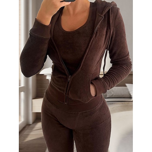 pigiama da donna set 3 pezzi colore puro caldo moda peluche casa quotidiano letto flanella caldo traspirante felpa con cappuccio manica lunga felpa con cappuccio pantaloni autunno inverno casa abiti