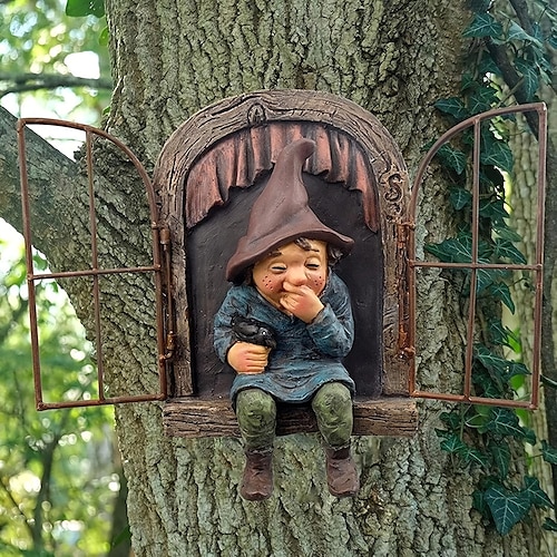 decorazioni da giardino, 1pc ornamenti statua gnomo da giardino, gnomo fuori dalla finestra decorazione albero decorazione giardino elfo dalla porta albero che abbraccia ornamenti in poliresina