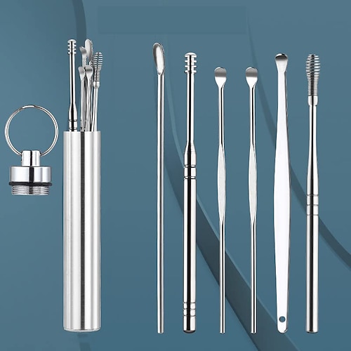 kit per la rimozione del cerume rimozione del cerume 6-in-1 strumenti per la raccolta dell'orecchio pulitore per le orecchie riutilizzabile set per la raccolta dell'orecchio in acciaio inossidabile con scatola portachiavi utilità da utilizzare