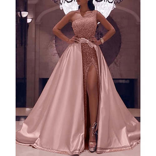 Abito da ballo Lunghezza al pavimento Abiti da Ballo Abito da Sera Abito da ballo con sopragonna Abito formale Brillare Splendere Sexy Spacco Alto Senza Maniche Monospalla Festa serale Ospite di