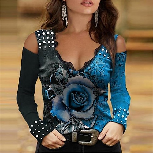 Per donna Maglietta Rosa Sexy Casual Manica Lunga Molto stondata Casual Quotidiano Traforato Foro Farfalle colorate Colorful Viola-rosa Rosa Rossa-Farfalla Rosa rossa Lago Blu-Rose Primavera Autunno