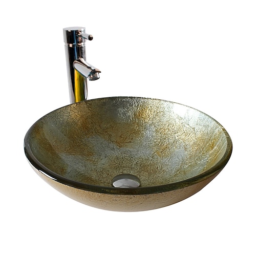 lavabo da toeletta artistico rotondo lavabo da bagno vaso in vetro temperato ciotola da 16,5 pollici, miscelatore per lavabo artistico con scarico a scomparsa, piano di lavoro a forma di barca sopra il bancone del bagno