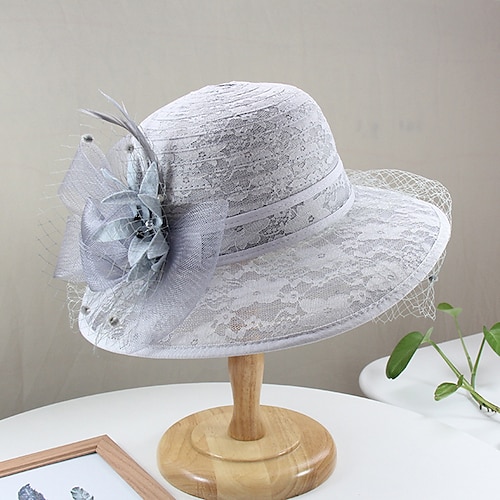 berretto Copricapo Tulle Cappelli da pescatore Cappello di paglia Cappello da sole Informale Per eventi Kentucky Derby Corsa di cavalli Festa delle donne Stile vintage Elegante Di pizzo Con Piume Di