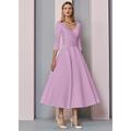 Abiti da Sposa da Mare A-Line Oro Madre della Sposa Abito Ospite di Matrimonio Elegante Vintage Taglia Forte Scollo a V Lunghezza Té Satin Maniche 3/4 con Pieghe per impressionare senza costo