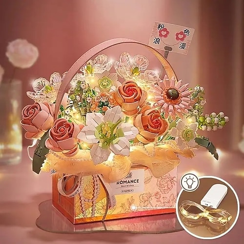 regali per il giorno delle donne nuovo elemento di costruzione fiore rosa elemento di costruzione giocattolo polvere magica bouquet di fiori portatile confezione regalo serie regali per le ragazze