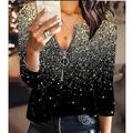 Damen Übergröße Hemd Bluse Graphic Farbblock Casual Bedruckt Viertel Postleitzahl Schwarz Langarm Vintage Troyer Halber Reißverschluss V Ausschnitt Herbst Winter