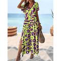 Damen Casual kleid Sommerkleid Blatt Leopard Gespleisst Bedruckt V Ausschnitt kleid lang Urlaub Kurzarm Sommer