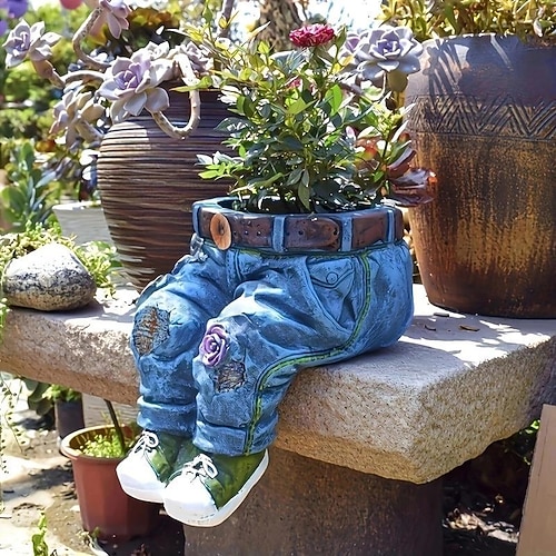 lustige Blumentöpfe für den Innen- und Außenbereich aus Harz, Denim-Hosen, Ornamente, kreative Blumentopfdekoration, Basteln, Retro-Gartendekoration Image
