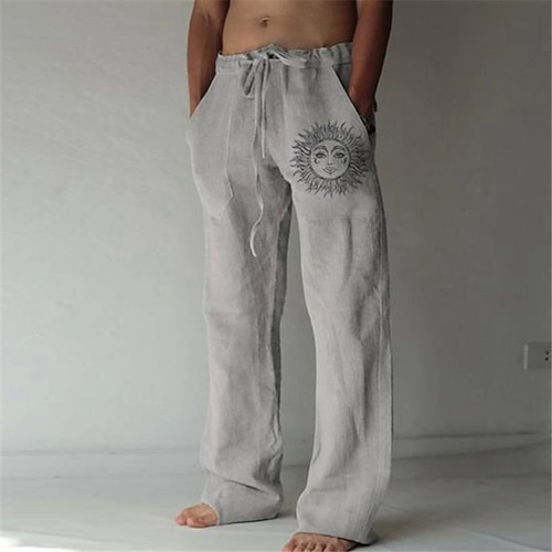 Herren Leinenhosen Hose Sommerhose Strandhose Druck Gerader Schnitt Grafik Sonne Weich Außenbereich Volle Länge Heim Lässig Täglich Mode Streetwear Weiß Blau Mikroelastisch Image