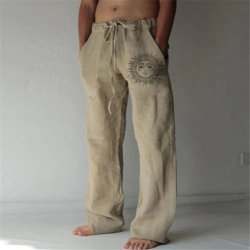 Herren Leinenhosen Hose Sommerhose Strandhose Druck Gerader Schnitt Grafik Sonne Weich Außenbereich Volle Länge Heim Lässig Täglich Mode Streetwear Weiß Blau Mikroelastisch Image