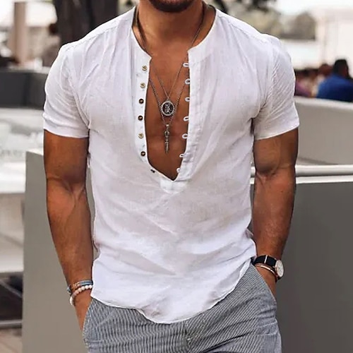 Herren Hemd Popover-Hemd Sommerhemd Strandbekleidung Freizeithemd Stehkragenhemd Schwarz Weiß Wein Kaffee Grau Kurzarm Einfach Kragen Täglich Urlaub Bekleidung Baumwolle Mode Lässig Bequem Image