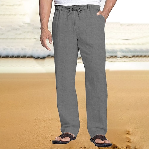 Herren Leinenhose Hose Hosen Sommerhosen Strandhose Kordelzug Elastische Taille Gerade geschnitten Glatt Komfort Atmungsaktiv Casual Täglich Festtage Modisch Klassicher Stil Schwarz Weiß Image