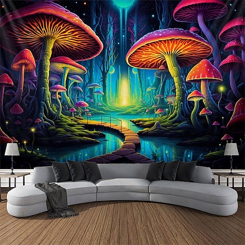 Schwarzlicht Wandteppich UV reaktiv im Dunkeln leuchtend Party Neon Pilz Natur Landschaft psychedelisch trippig neblig hängender Wandteppich Wandbild für Wohnzimmer Schlafzimmer Image