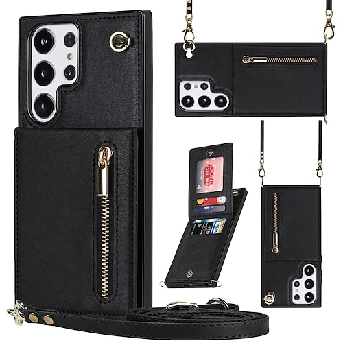 Handy Hülle Handyhüllen Für Samsung Galaxy S25 S24 S23 S22 S21 FE S21 Ultra Plus Rückseite Brieftaschenhülle Mit Ständer Reisverschluss mit Trageriemen TPU PU-Leder Image