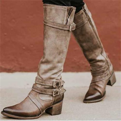 Damen Stiefel Reitstiefel Outdoor Kniehohe Stiefel Schnalle Blockabsatz Spitze Zehe Vintage Lässig Kunstleder Reißverschluss Schwarz Braun