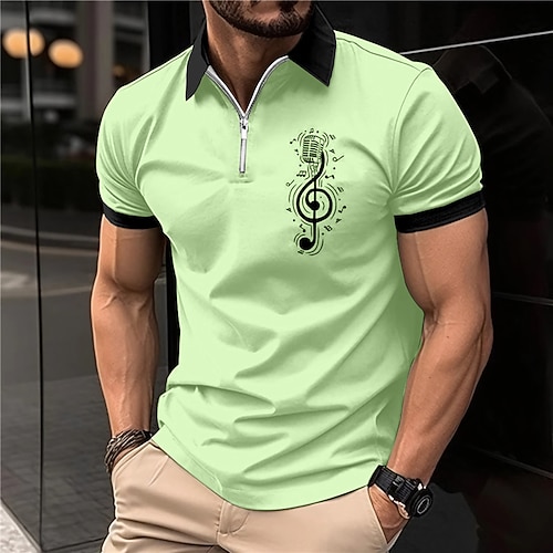 Musikfestival Herren Musik Poloshirts mit Reißverschluss Golfshirt Kurzarm Polo-Shirts Hemden mit Kragen Lässig Urlaubskleidung Festivalkleidung Party-Outfits 3D-Druck Viertelreißverschluss-Poloshirt Image