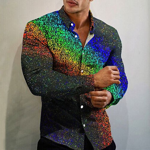 Herren Geometrisches Muster Hemd Knopfhemd Langarm Mode Designer Lässig Outdoor Ferien Sommer Frühling Umlegekragen Druck Button-Down Weiß Blau Grün Regenbogen Image