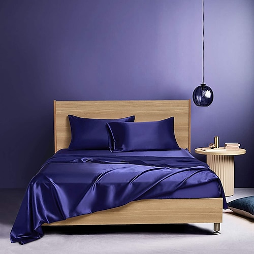 4-teiliges Satin-Bettlaken-Set für Hotels, luxuriöse seidige Bettwäsche, weiche Premium-Satin-Bettwäsche, knitterfreiamp; Farbbeständiges Bettwäsche-Set, bestehend aus 1 Spannbettlaken mit tiefen Image