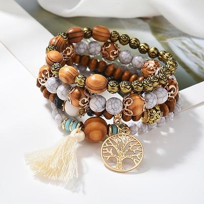 Damen Perlenarmband Vintage Armband Geschichtet Abschlußfeier Mode Weinlese-Thema Baum des Lebens Elegant Mode Personalisierte Quaste Böhmische Legierung Armband Schmuck Weiß Für Geschenk Täglich