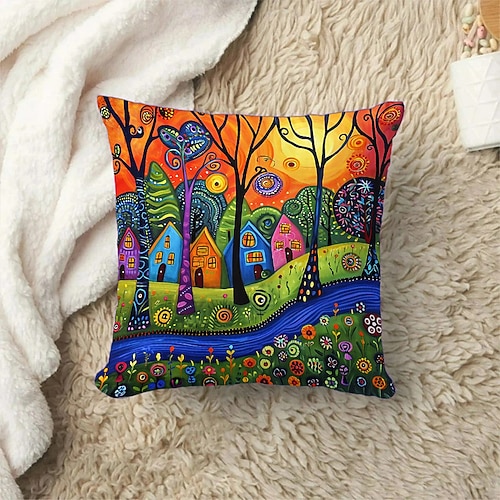 Bunte Landschaft, doppelseitiger Kissenbezug, 1 Stück, dekorativer quadratischer Kissenbezug für Schlafzimmer, Wohnzimmer, Innenkissen für Sofa, Couch, Bett, Stuhl Image