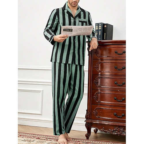 Herren Hausanzug Schlafanzüge Schlafanzug Set Pyjama-Oberteil und Hose 2 Stück Streifen Stilvoll Brautkleider schlicht Komfort Heim Täglich Baumwolle Komfort Kargen Langarm Hemd Hose Kordelzug Image