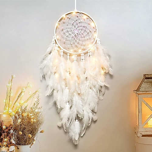 LED Traumfänger weiße Feder Lichterkette kreative Wandbehang Urlaub Schlafzimmer Zuhause Hochzeit Balkon Garten Dekoration Windspiele Licht Geburtstag Segen Geschenk Image