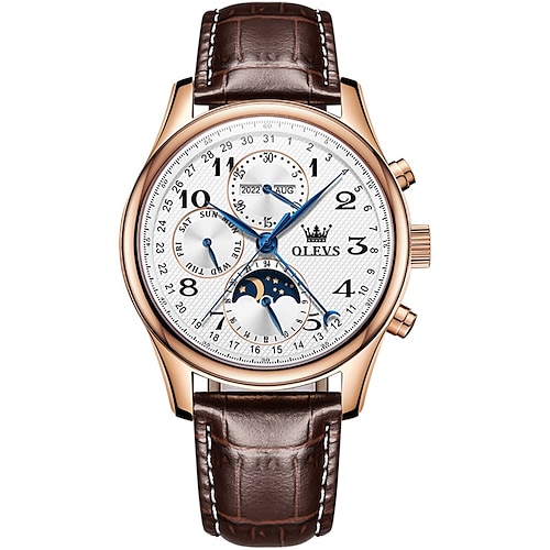 OLEVS Herren mechanical Uhr Kalender Luxus wasserdichte Armbanduhr Automatik Selbstaufzug Mondphasen-Dualdisplay-Kalender Edelstahlarmbanduhr