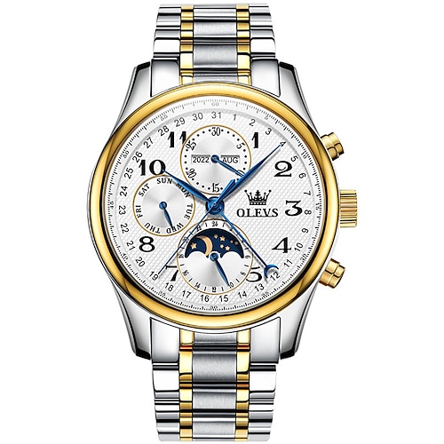 OLEVS Herren mechanical Uhr Kalender Luxus wasserdichte Armbanduhr Automatik Selbstaufzug Mondphasen-Dualdisplay-Kalender Edelstahlarmbanduhr