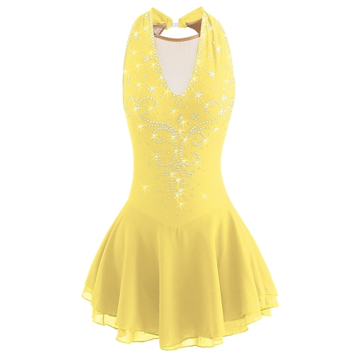 Eiskunstlaufkleid Damen Mädchen Eislaufen Kleider Schwarz Weiß Gelb Patchwork Rückenfrei Gitter Spandex Hochelastisch Praxis Wettbewerb Eiskunstlaufkleidung Mit Steinen verziert Strass Ärmellos Image
