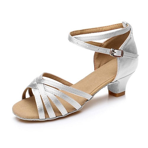 Silberne Riemchen-Latein-Tanzschuhe für Mädchen – Ballsaal-Sandalen mit niedrigem Absatz und Wildledersohle für Auftritt und Training Image