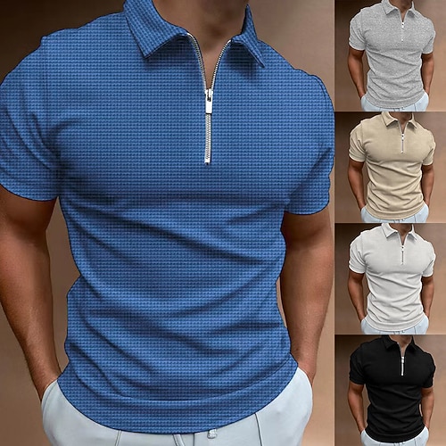 Männlich Waffel-Poloshirt Freizeitskleidung Verabredung Umlegekragen Kurze Ärmel Modern Solide / einfarbig Halfzip Troyer Frühling Sommer Formschluss Schwarz Weiß Königliches Blau Hell Gray Beige Image
