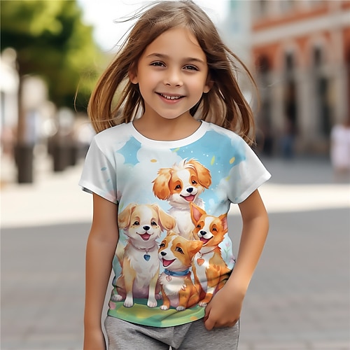 3D-Hunde-T-Shirts für Mädchen, kurzärmelig, 3D-Druck, Sommer, aktiv, modisch, niedlich, Polyester, Kinder 3–12 Jahre, Rundhalsausschnitt, Outdoor, lässig, täglich, normale Passform Image