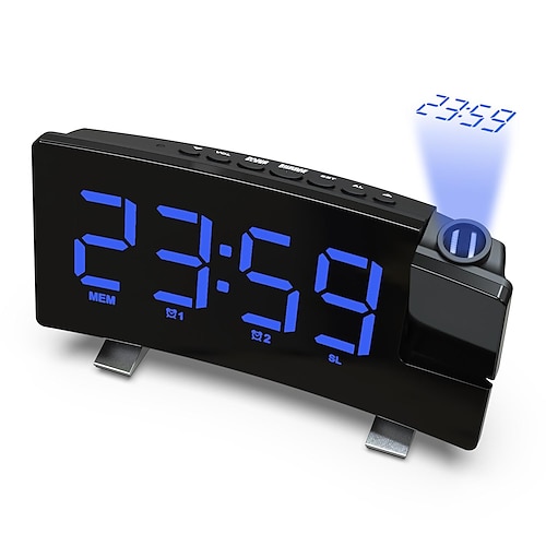Projektionsuhren, FM-Radio, gebogener Bildschirm, digitaler Wecker, LED-Display mit Dimmer, Dual-Alarm mit USB-Ladeanschluss, 12/24-Stunden-Backup-Batterie für die Uhreinstellung Image