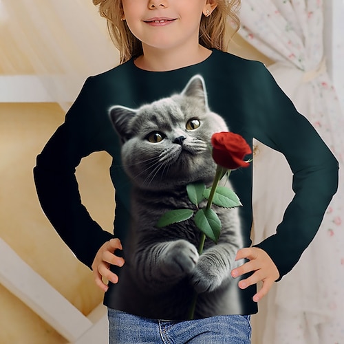Mädchen 3D Graphic Karikatur Katze T-Shirt Langarm 3D-Druck Sommer Herbst Aktiv Modisch Kuschelig kinderkleidung 3-12 Jahre Outdoor Casual Täglich Regular Fit Image