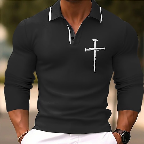 Herren Christlich Poloshirts Golfshirt Langarm Polo-Shirts Hemden mit Kragen Business-Casual Arbeitskleidung Formelle Kleidung Festivalkleidung 3D-Druck Knöpfe Herbst Winter Schwarz Blau Grün Image