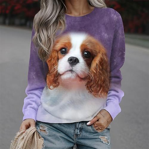 Damen Sweatshirt Pullover Hund Casual Sport Print Sportbekleidung Lustiges Rundhals Langarmshirt Mikroelastisch Herbstamp;Winterkomfort, atmungsaktives, weiches Gewebe