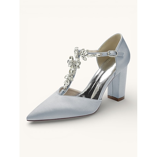Satin-Hochzeitspumps für Damen mit Strass-Riemen – spitze Brautschuhe mit Blockabsatz in Weiß, Schwarz und Weinrot Image