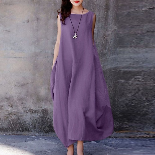 Damen Maxikleid 100% Baumwolle Shiftkleid Sommerkleid Freizeitkleid Basic Lässig Reifen Täglich Outdoor Urlaub Lässiger Schnitt Einfarbig Ärmellos U-Boot-Ausschnitt Purpur Braun Dunkelblau Sommer Image