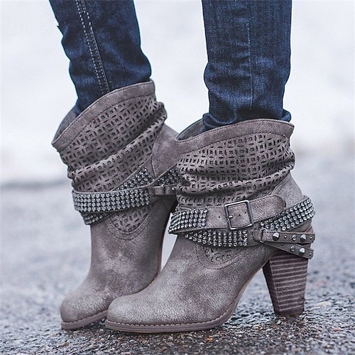 Damen Stiefel Schluffige Stiefel Outdoor Täglich Cut-Out Stiefeletten Schnalle Blockabsatz Runde Zehe Bohemien Lässig Kunstleder Slipper Schwarz Beige Grau Image