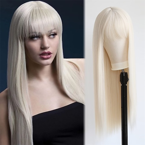 Lange gerade Platinblond mit Pony, Synthetik, keine Lace-Front-Perücke für Frauen, natürlich, langer, gerader Mittelteil, Farbe Nr. 60, maschinell hergestellt, Cosplay-Perücke für den täglichen Image