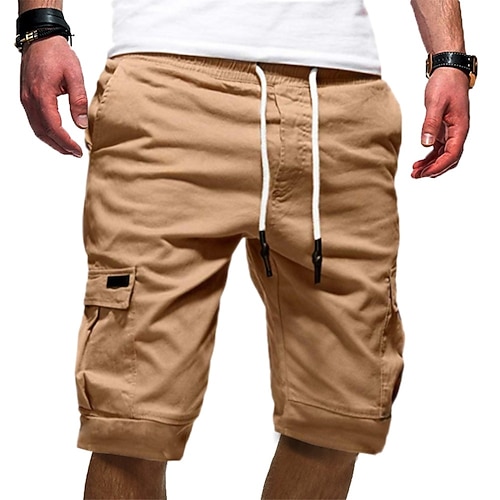 Herren Cargo-Shorts Wander-Shorts Kordelzug Mehrere Taschen Elastisches Kordelzugdesign Einfach Knielang Alltagskleidung Wochenende Streetwear Basic Lässig Schwarz Weiß Mikroelastisch Image
