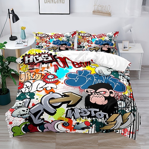 3D-Street-Art-Graffiti-Serie-Druck, Bettbezug, Bettwäsche-Sets, Bettdeckenbezug mit 1 bedruckter Bettbezug oder Bettdecke, 2 Kissenbezüge für Doppelbett/Queen/King Image