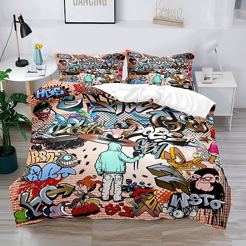 3D-Street-Art-Graffiti-Serie-Druck, Bettbezug, Bettwäsche-Sets, Bettdeckenbezug mit 1 bedruckter Bettbezug oder Bettdecke, 2 Kissenbezüge für Doppelbett/Queen/King Image