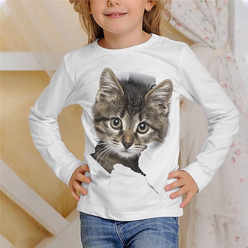 Mädchen 3D Tier Katze T-Shirt Langarm 3D-Druck Sommer Frühling Herbst Aktiv Sport Modisch kinderkleidung 3-12 Jahre Outdoor Täglich Innen Regular Fit Image
