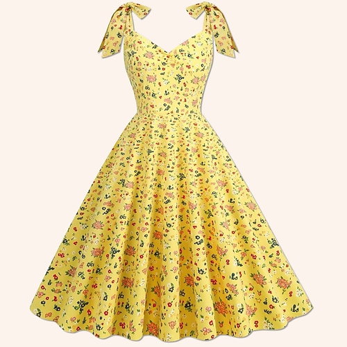 Retro Vintage 1950er Rockabilly Kleid A-Linie Kleid Swing-Kleid Blumen Kostüm Damen Halloween Karneval Maskerade Alltagskleidung Junggesellinnenabschiedsparty Erwachsene Kleid Abschlussballkleider Image