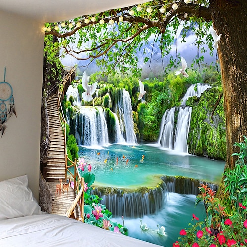 Wandteppich schöne hölzerne Leiter Wasserfall Landschaft Tapisserie hängen Stoff Hintergrund Stoff dekorative Stoff hängen Stoff Wandtuch XXL Natur Image