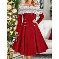 Damen abendkleider Cocktailkleid rotes Kleid Spitze Patchwork Schulterfrei Halbe Ärmel Midikleid Weihnachten Rote Frühling Winter