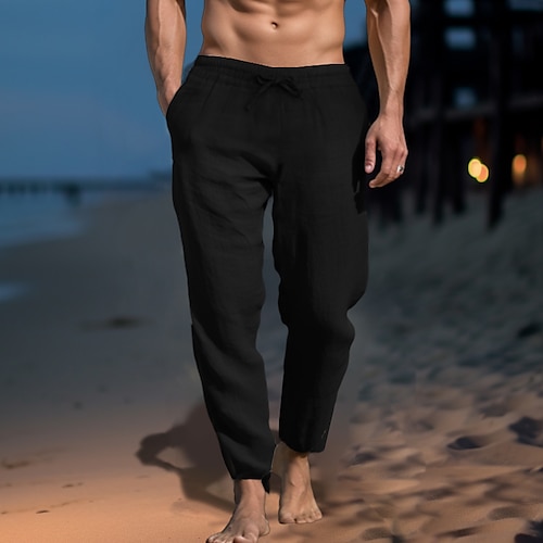 Herren Leinenhosen Hose Sommerhose Strandhose Kordelzug Tasche Elastischer Bund Einfach Komfort Weich Täglich Wochenende Streetwear Lässig Schwarz Weiß Mikroelastisch Image